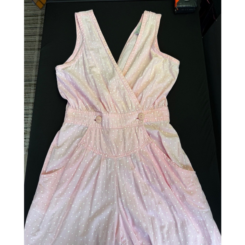 Benson E Smith Vintage 80s Pink Polka Dot Cotton Jumpsuit Size 13 Pockets Retro